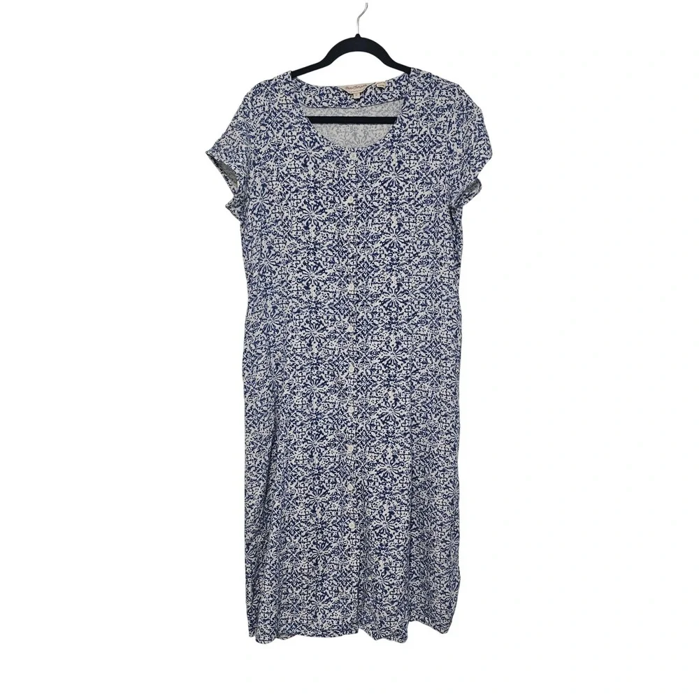 Norm Thompson M Blue‎ White Linen Blend Shirt Dress Button Front Midi Modest